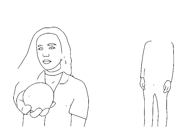 A black and white line drawing of a person holding a round object. A headless human shape stands behind them.