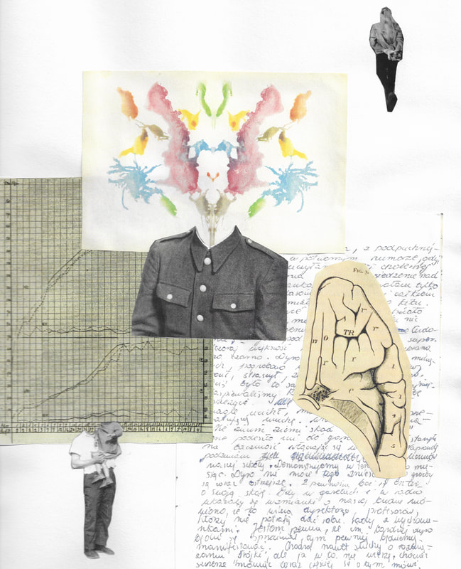 A collage juxtaposes fragments from a family archive with fragments from the history of psychiatry. At the centre, a colourful inkblot test blooms from a black-and-white military uniform. Below, a partial diagram of the brain overlaps with a diary page and a graph. In the upper right corner, a black-and-white figure walks away, holding a book. In the lower left corner, two faceless black-and-white figures stand: an adult with a child in their arms.