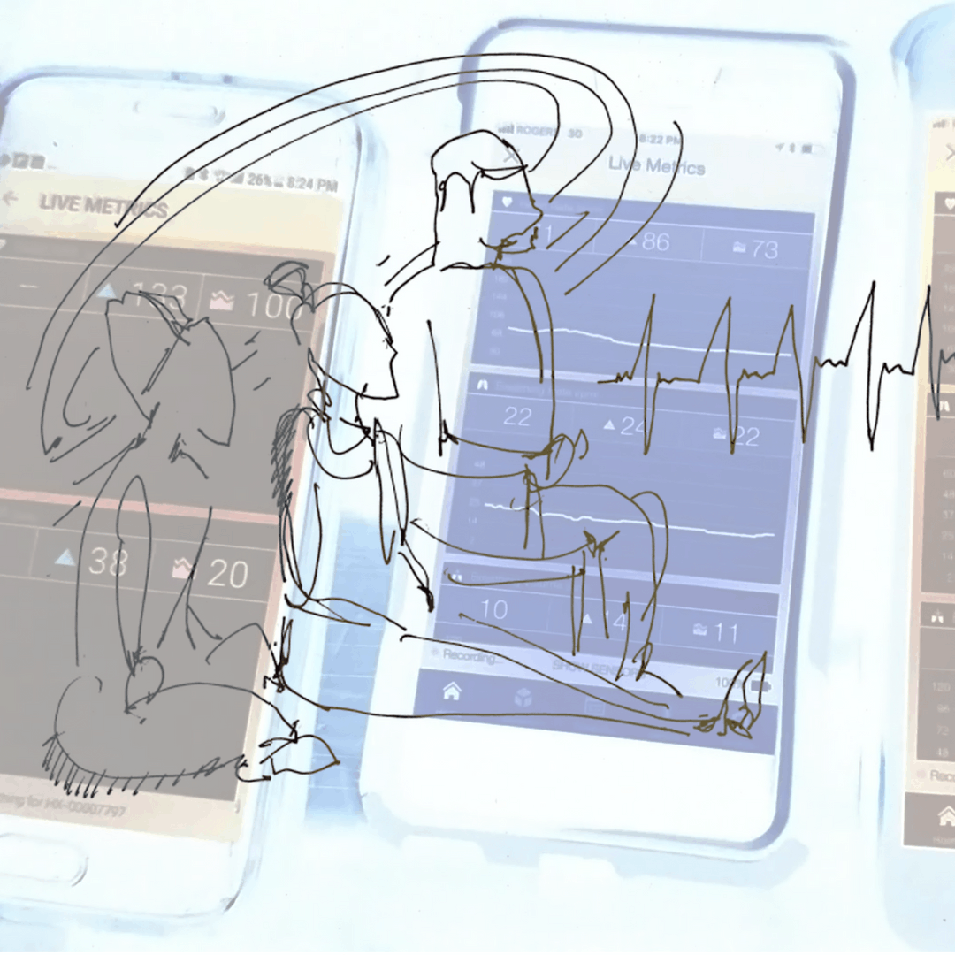 Three phones displaying biometric data are juxtaposed with a drawing of three people sitting, with lines illustrating their synchronized nervous systems.