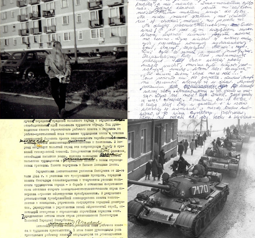 A collage made of four square images: a black-and-white photo of a woman with her back turned, a page of messy handwriting, a redacted official document, and a black-and-white photo of tanks on a city street.